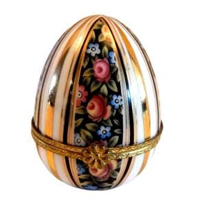 Porcelain & Metal Painted Trinket Egg With Gold Spacer Lines
